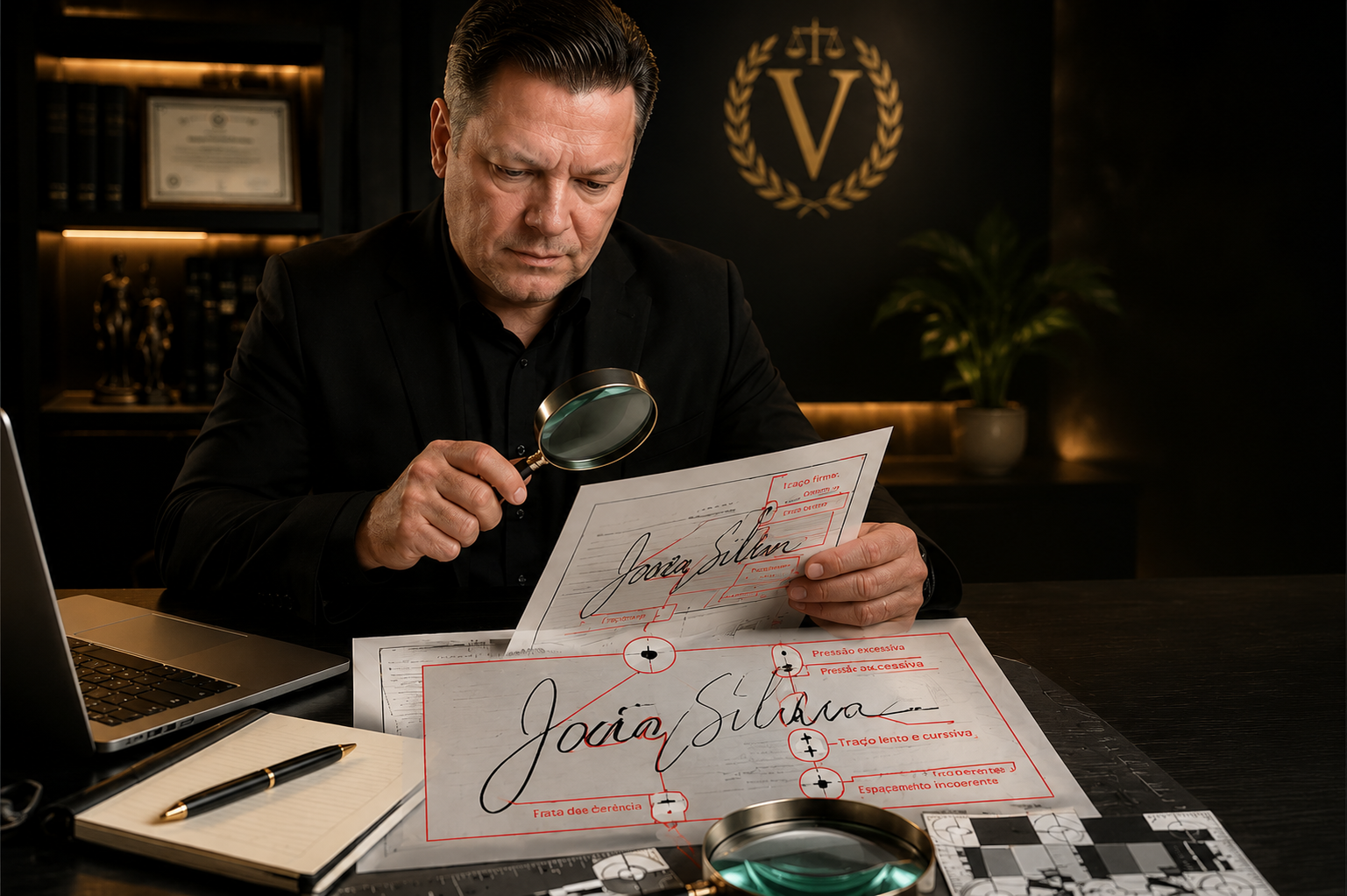 Marcio Varolo analisando assinatura com lupa — Perito Grafotécnico